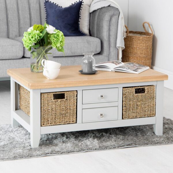 Elkin Wooden Coffee Table With 4 Drawers In Oak And Grey