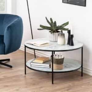 Allen White Marble Glass Coffee Table With Black Metal Frame
