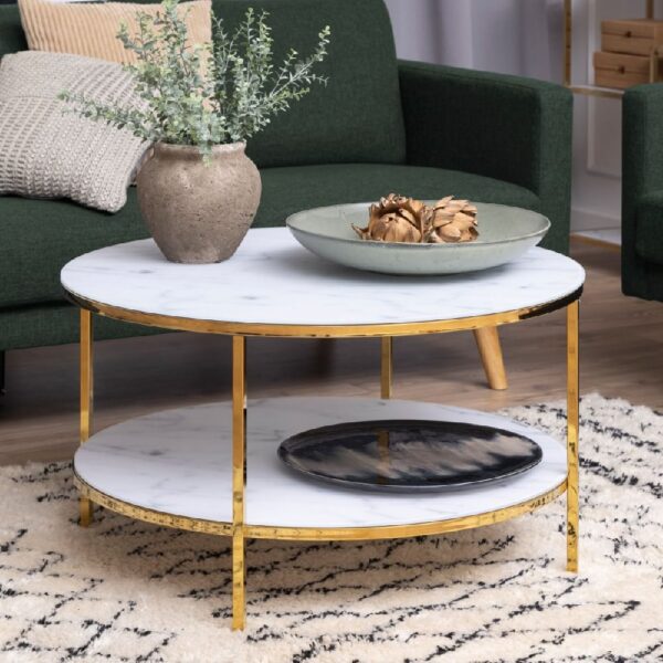 Allen White Marble Glass Coffee Table With Gold Metal Frame