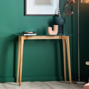 Brix Clear Glass Console Table In Natural Oak Base