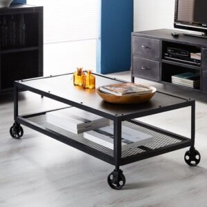 Kristel Coffee Table Rectangular In Dark Iron With Wheels