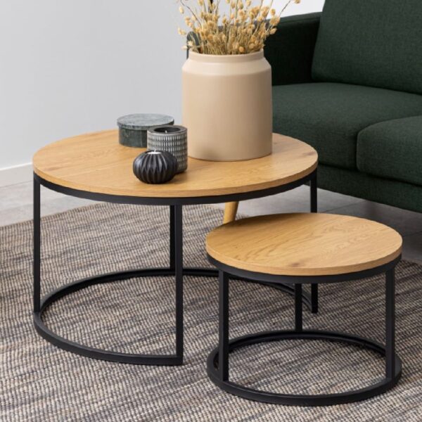 Salem Wooden Nesting Coffee Tables With Black Metal Frame In Oak