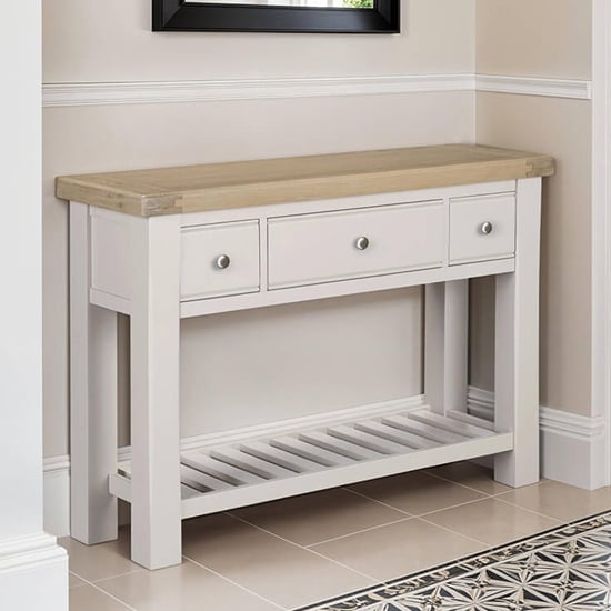 Dawson Wooden Console Table With 3 Drawers In Taupe