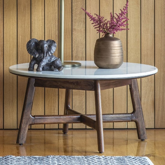 Barcela Wooden Coffee Table With White Marble Top In Walnut