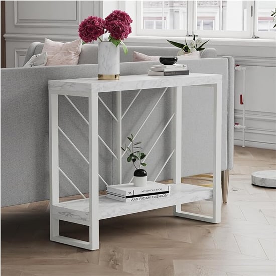 Benton Wooden Console Table In White Faux Marble Effect