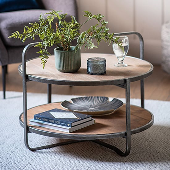 Dudley Round Wooden Coffee Table With Metal Frame In Natural