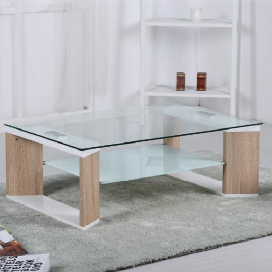 Zayd Glass Coffee Table With Natural And White High Gloss Frame