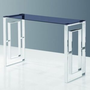 Elba Glass Console Table In Smoke With Polished Steel Frame