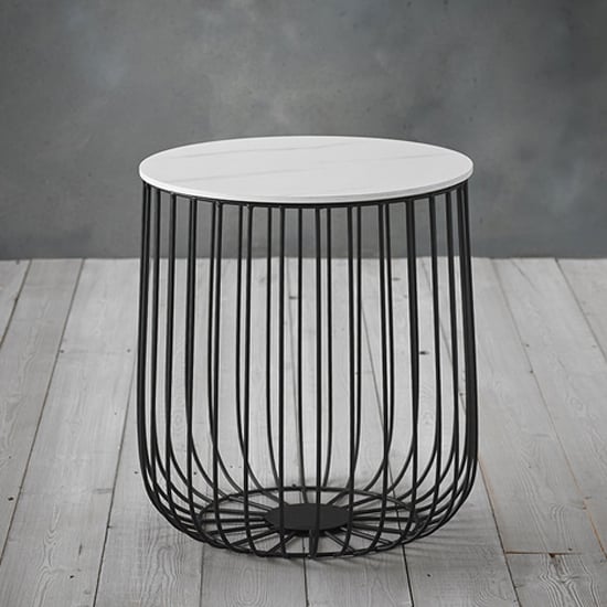 Enzi Small Marble Effect Coffee Table With Black Cage Frame In White