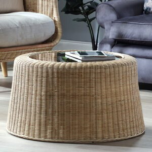 Sohag Woven Round Clear Glass Top Coffee Table With Rattan Base