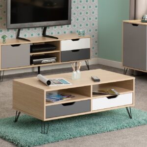 Baucom Wooden Coffee Table With 2 Drawers In White Oak And Grey